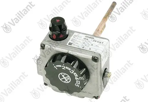 Vaillant Gasarmatur mit Drehknopf und Temperaturregelung. Metallgehäuse mit angeschlossenem Kupferrohr für Temperaturfühler. Technische Daten auf Etikett sichtbar.